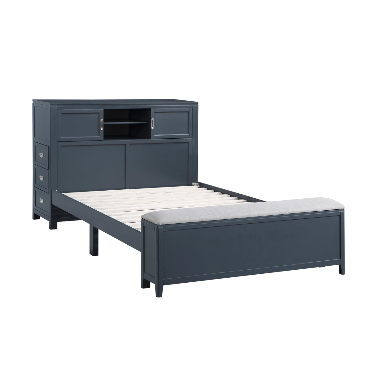 Sloane Navy Blue Full Bookcase Bed with Hidden Desk, Stool and Storage Bench from Homelegance - Luna Furniture