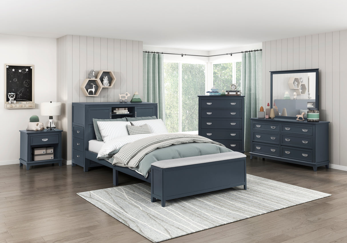 Sloane Navy Blue Full Bookcase Bed with Hidden Desk, Stool and Storage Bench from Homelegance - Luna Furniture