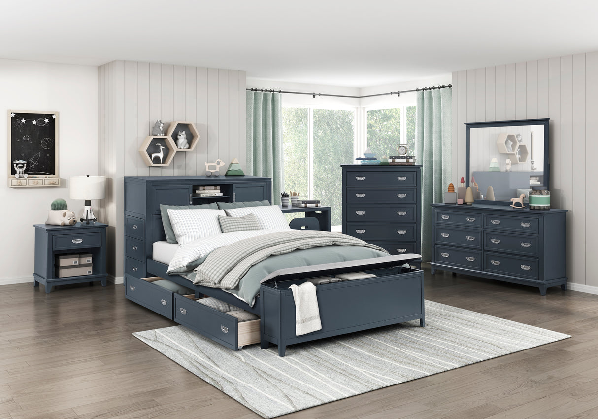 Sloane Navy Blue Full Bookcase Bed with Hidden Desk, Stool and Storage Bench from Homelegance - Luna Furniture