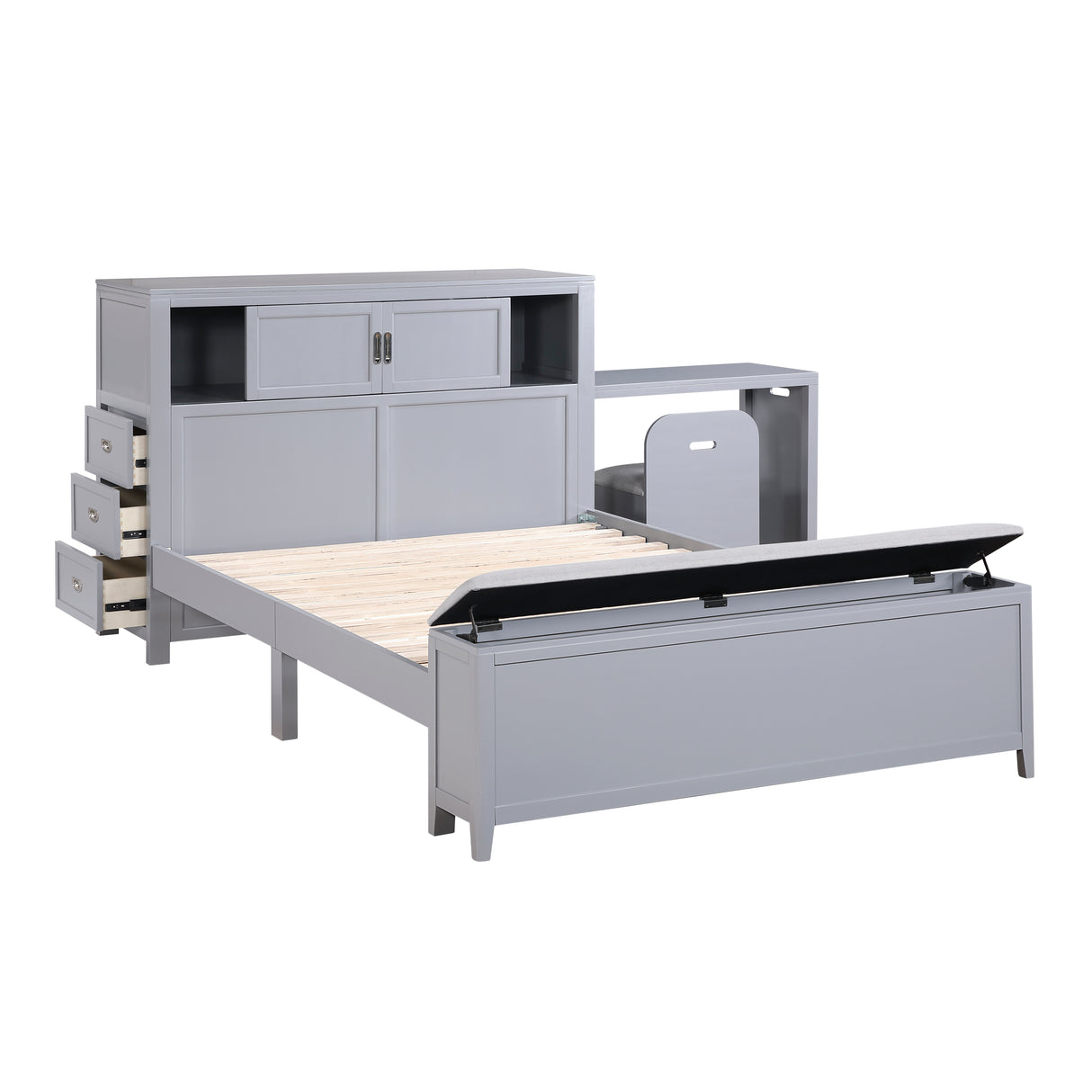 Sloane Gray Full Bookcase Bed with Hidden Desk, Stool and Storage Bench from Homelegance - Luna Furniture