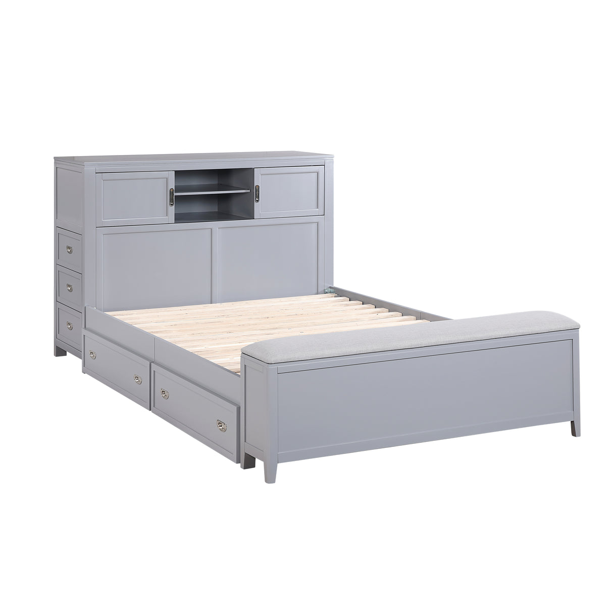 Sloane Gray Full Bookcase Bed with Hidden Desk, Stool and Storage Bench from Homelegance - Luna Furniture