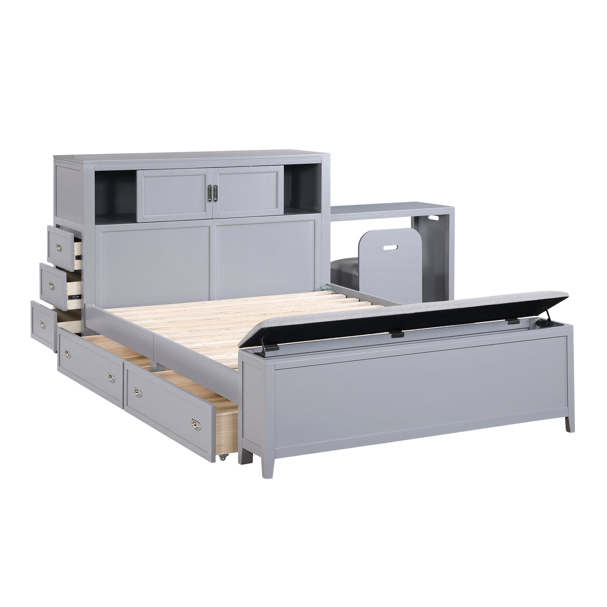 Sloane Gray Full Bookcase Bed with Hidden Desk, Stool and Storage Bench from Homelegance - Luna Furniture