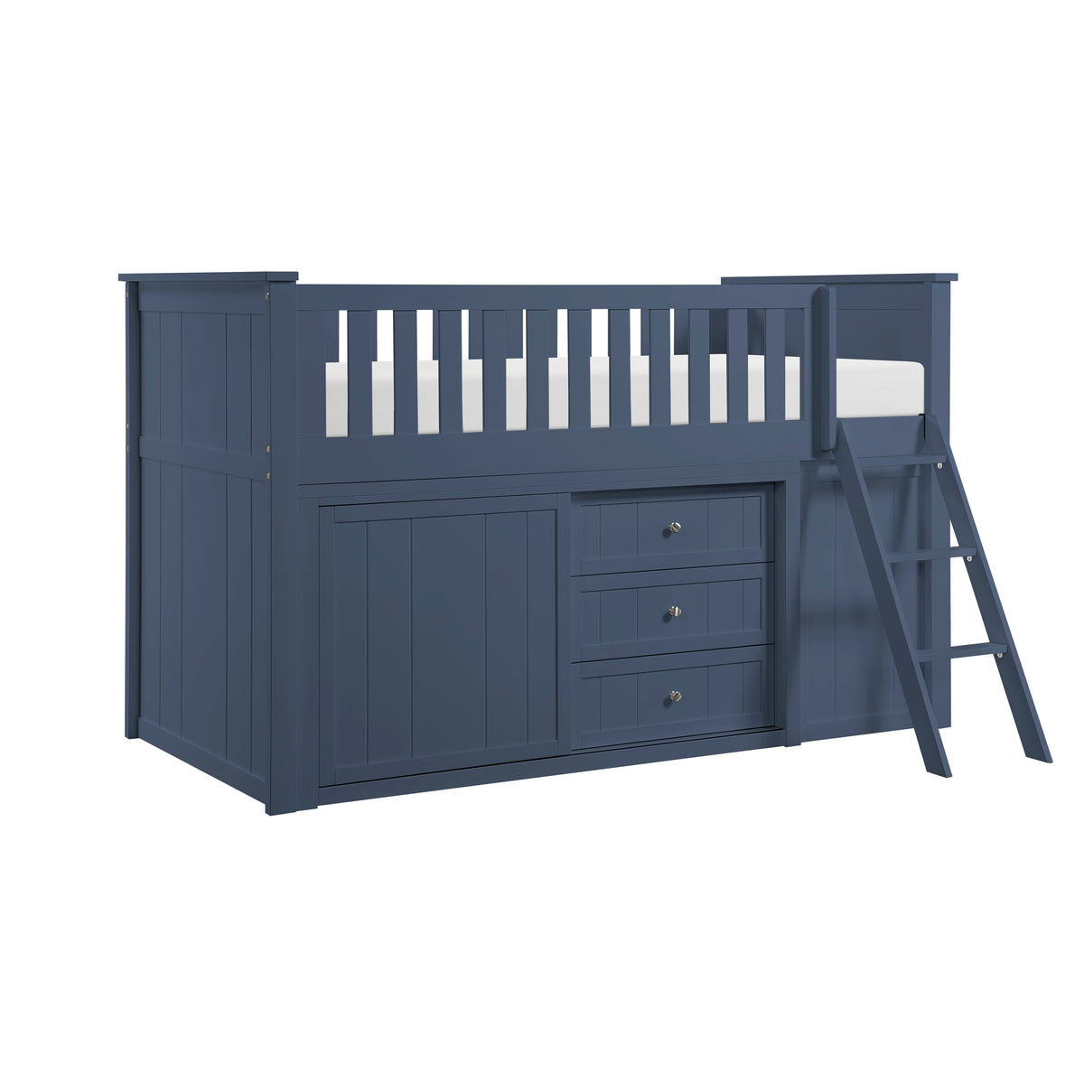 Nora Blue Low Loft Bunk Bed with Bookcase and Two Dressers – Luna Furniture