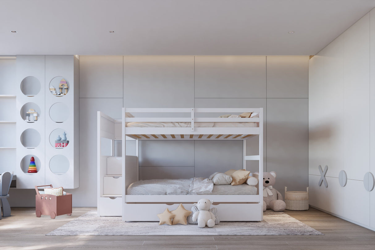 Starex White Full Bunk Bed with Twin Trundle and Staircase Storage from Happy Homes - Luna Furniture