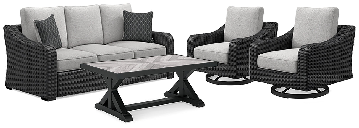 Beachcroft Outdoor Sofa and 2 Chairs with Coffee Table in Black/Light Gray from Ashley - Luna Furniture