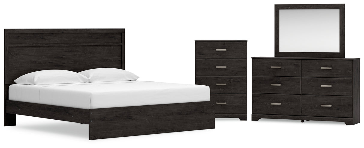 Belachime King Panel Bed with Mirrored Dresser and Chest in Charcoal from Ashley - Luna Furniture