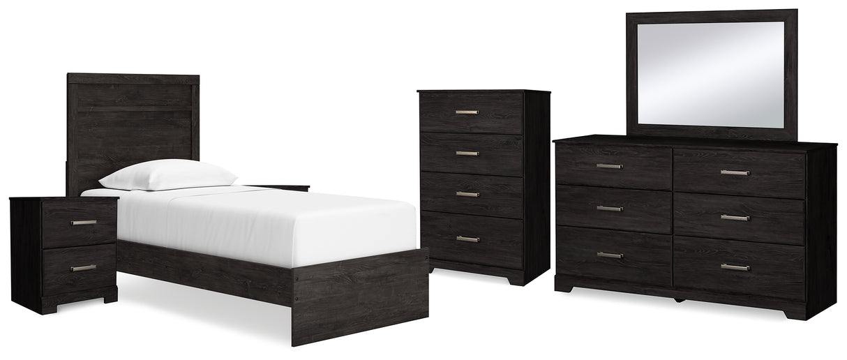 Belachime Twin Panel Bed with Mirrored Dresser, Chest and 2 Nightstands in Charcoal from Ashley - Luna Furniture