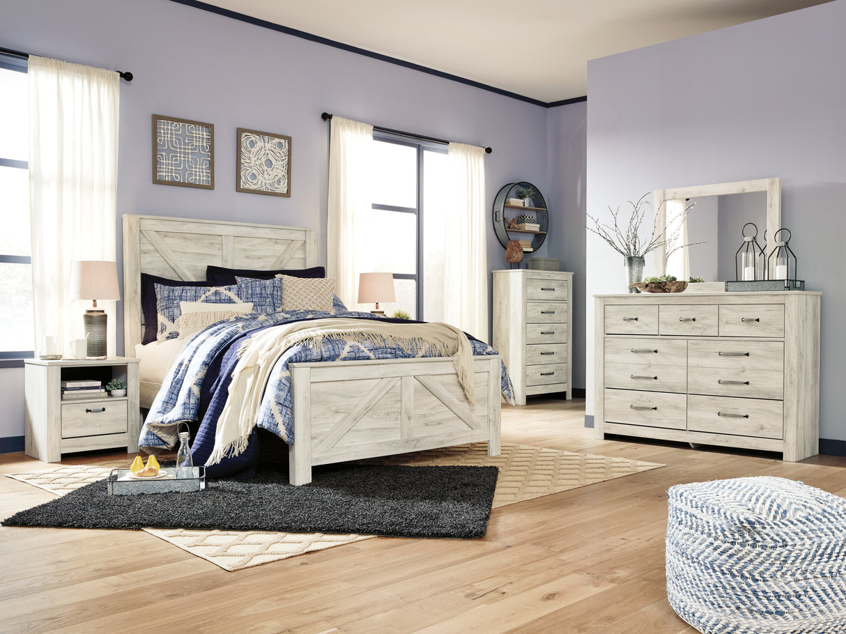 Bellaby Queen Crossbuck Panel Bed with Mirrored Dresser, Chest and Nightstand in Whitewash from Ashley - Luna Furniture