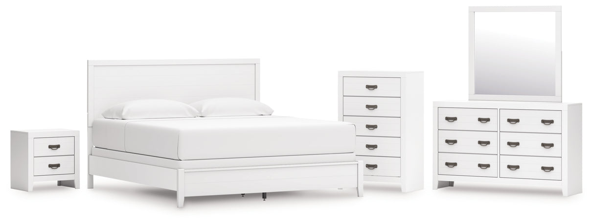 Binterglen King Panel Bed with Mirrored Dresser, Chest and Nightstand in White from Ashley - Luna Furniture