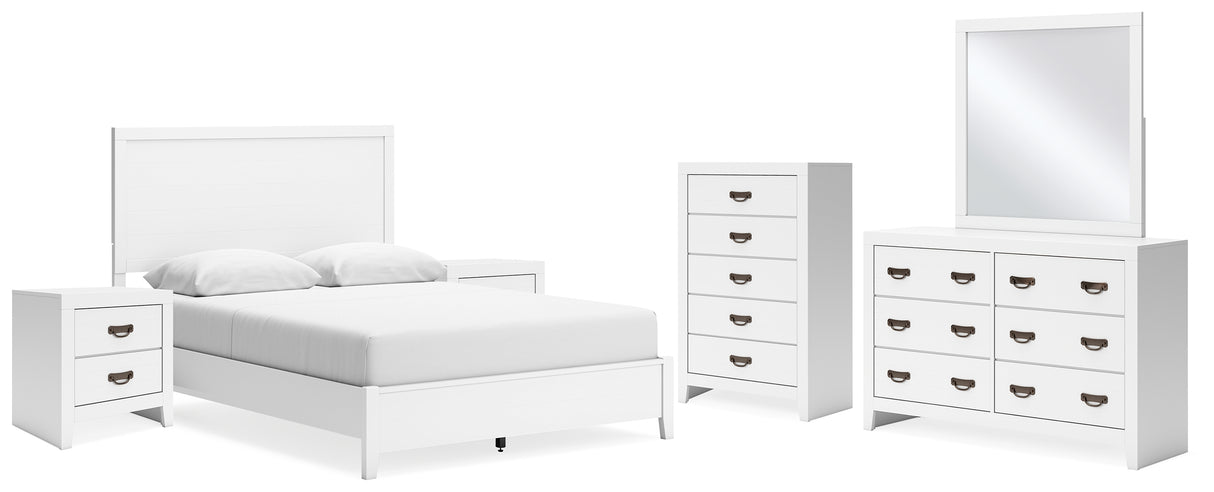 Binterglen Queen Panel Bed with Mirrored Dresser, Chest and 2 Nightstands in White from Ashley - Luna Furniture