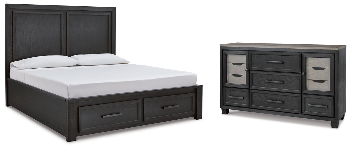 Foyland California King Panel Storage Bed with Dresser in Black/Brown from Ashley - Luna Furniture
