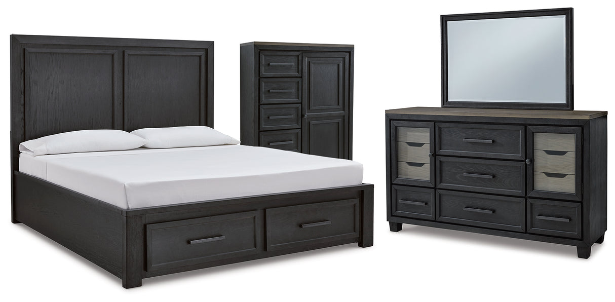 Foyland California King Panel Storage Bed with Mirrored Dresser and Chest in Black/Brown from Ashley - Luna Furniture
