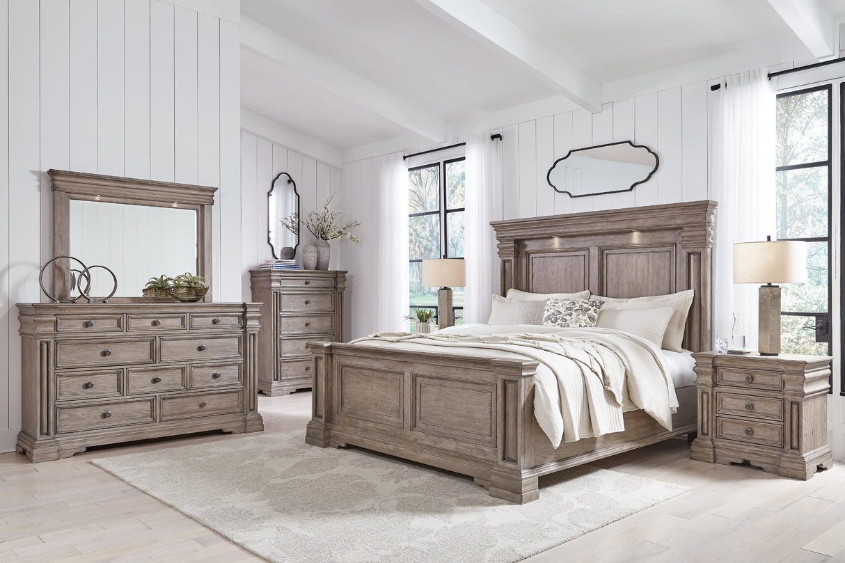 Blairhurst King Panel Bed with Mirrored Dresser, Chest and 2 Nightstands in Light Grayish Brown from Ashley - Luna Furniture