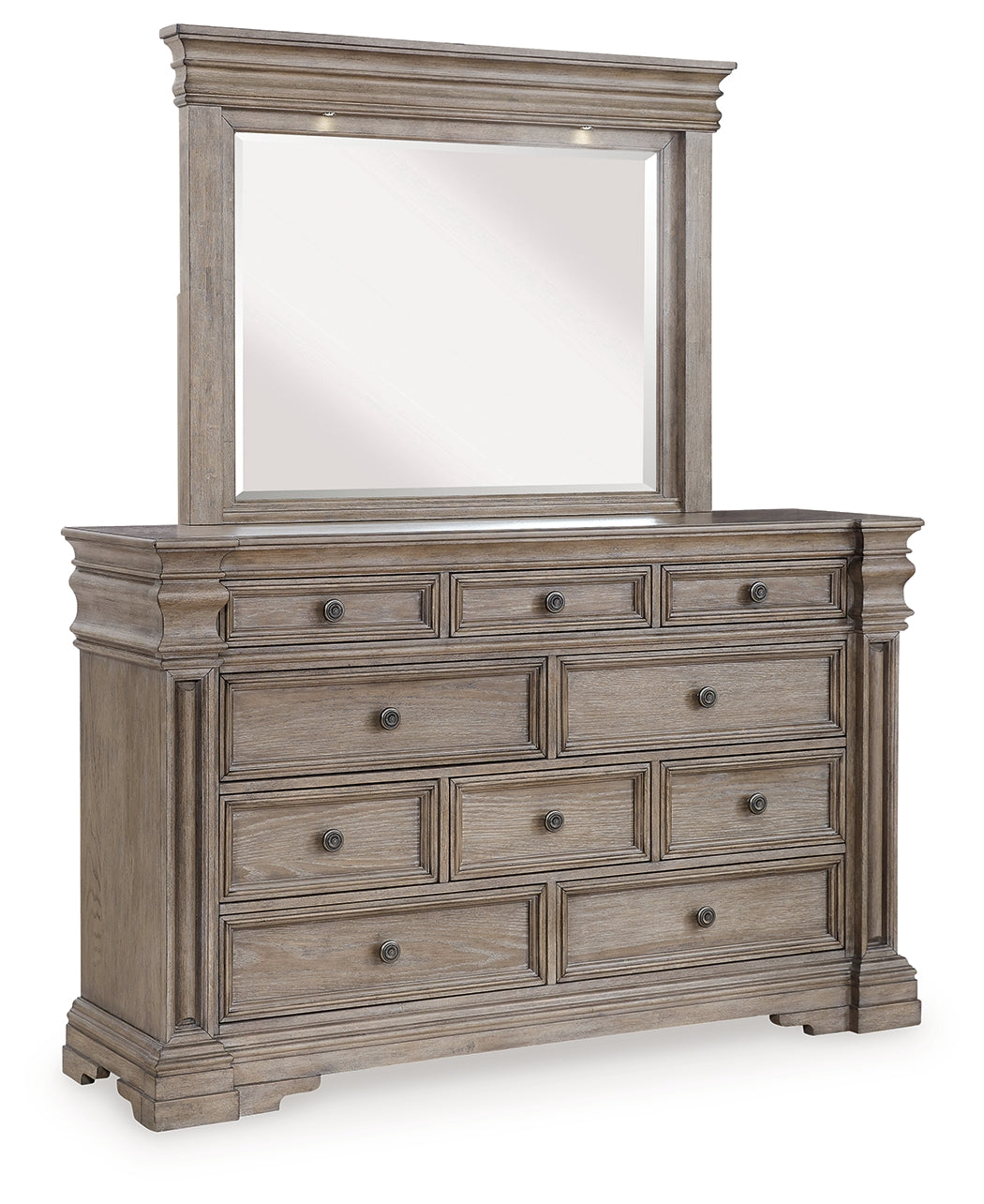 Blairhurst Queen Panel Bed with Mirrored Dresser and Chest in Light Grayish Brown from Ashley - Luna Furniture