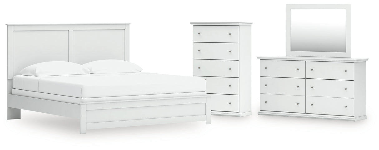 Bostwick Shoals King Panel Bed with Mirrored Dresser and Chest in White from Ashley - Luna Furniture