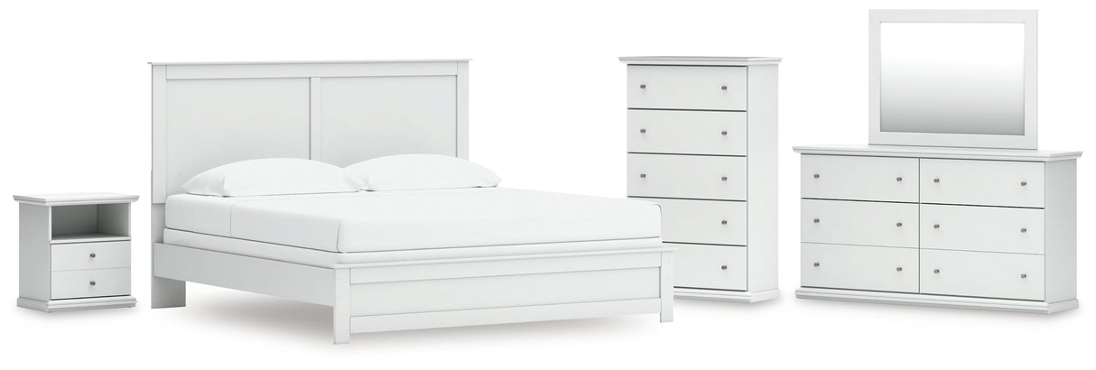 Bostwick Shoals King Panel Bed with Mirrored Dresser, Chest and Nightstand in White from Ashley - Luna Furniture