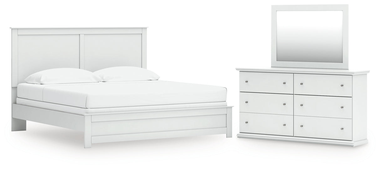 Bostwick Shoals King Panel Bed with Mirrored Dresser in White from Ashley - Luna Furniture