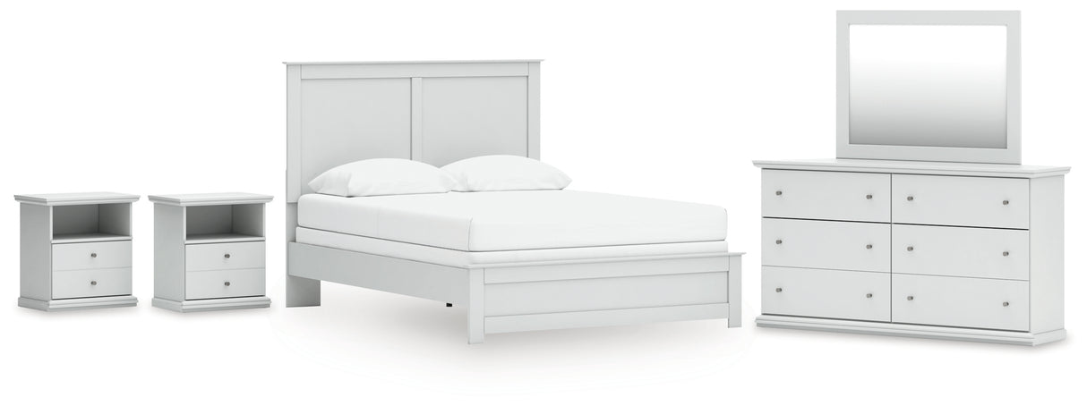 Bostwick Shoals Queen Panel Bed with Mirrored Dresser and 2 Nightstands in White from Ashley - Luna Furniture