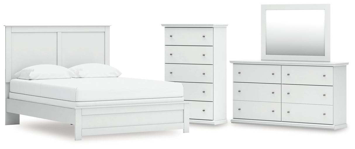 Bostwick Shoals Queen Panel Bed with Mirrored Dresser and Chest in White from Ashley - Luna Furniture