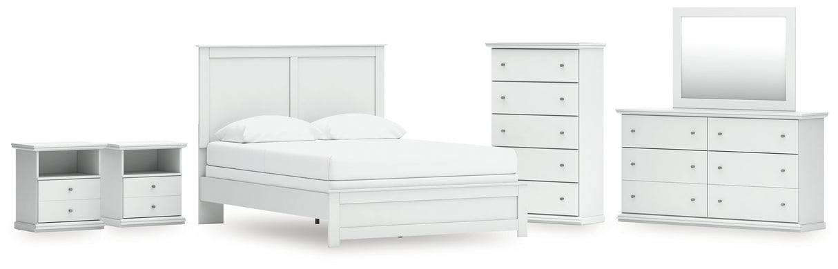 Bostwick Shoals Queen Panel Bed with Mirrored Dresser, Chest and 2 Nightstands in White from Ashley - Luna Furniture