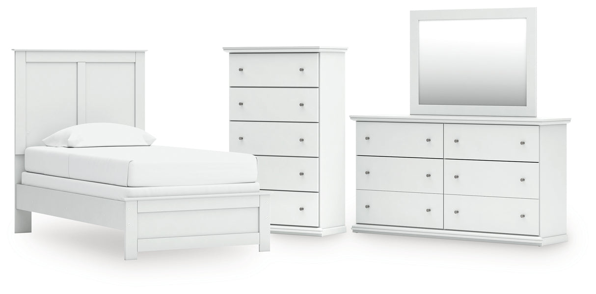 Bostwick Shoals Twin Panel Bed with Mirrored Dresser and Chest in White from Ashley - Luna Furniture