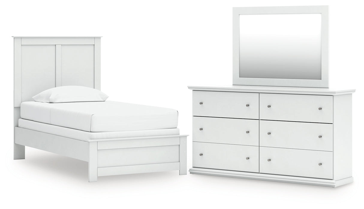 Bostwick Shoals Twin Panel Bed with Mirrored Dresser in White from Ashley - Luna Furniture