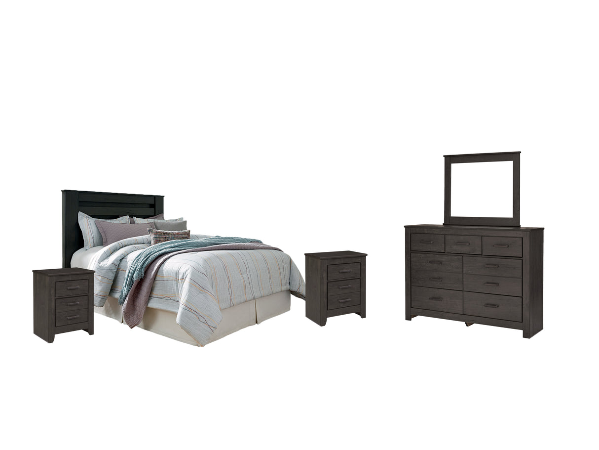 Brinxton King/California King Panel Headboard Bed with Mirrored Dresser and 2 Nightstands in Charcoal from Ashley - Luna Furniture