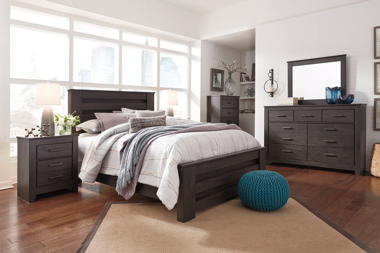 Brinxton King Panel Bed with Mirrored Dresser, Chest and 2 Nightstands in Charcoal from Ashley - Luna Furniture