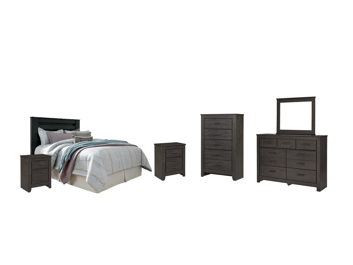 Brinxton Queen/Full Panel Headboard Bed with Mirrored Dresser, Chest and 2 Nightstands in Charcoal from Ashley - Luna Furniture