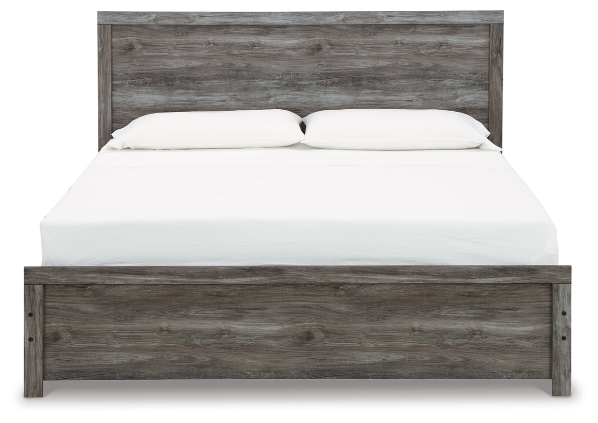 Bronyan King Panel Bed with Mirrored Dresser and Chest in Dark Gray from Ashley - Luna Furniture