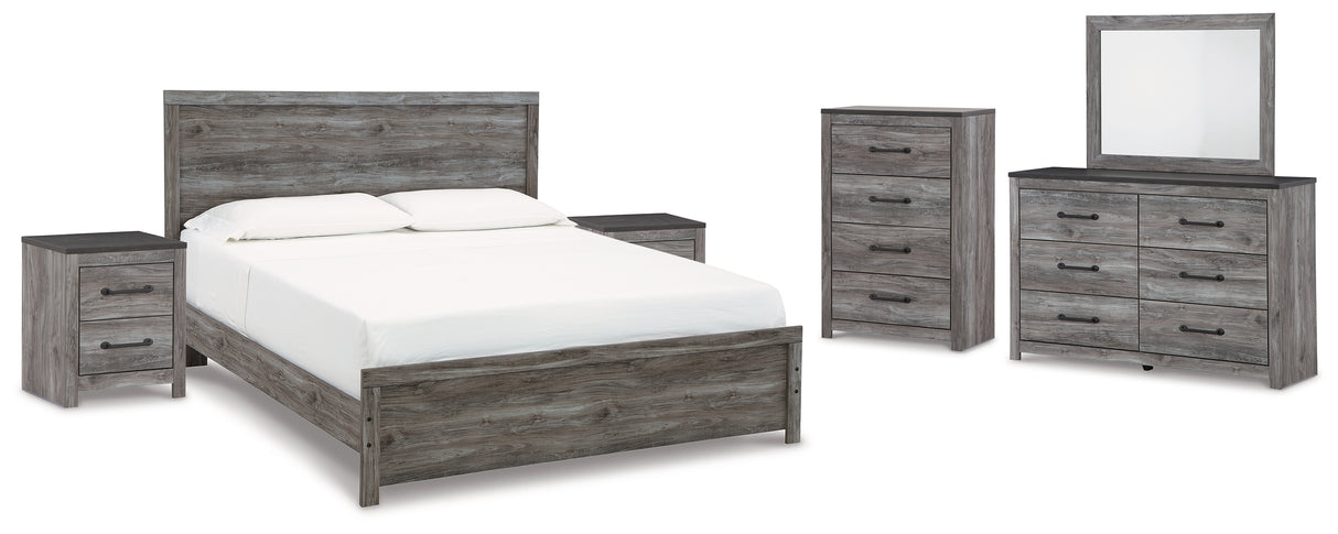 Bronyan King Panel Bed with Mirrored Dresser, Chest and 2 Nightstands in Dark Gray from Ashley - Luna Furniture