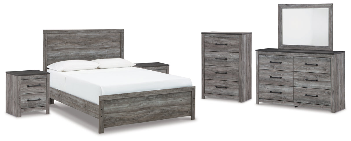 Bronyan Queen Panel Bed with Mirrored Dresser and 2 Nightstands in Dark Gray from Ashley - Luna Furniture