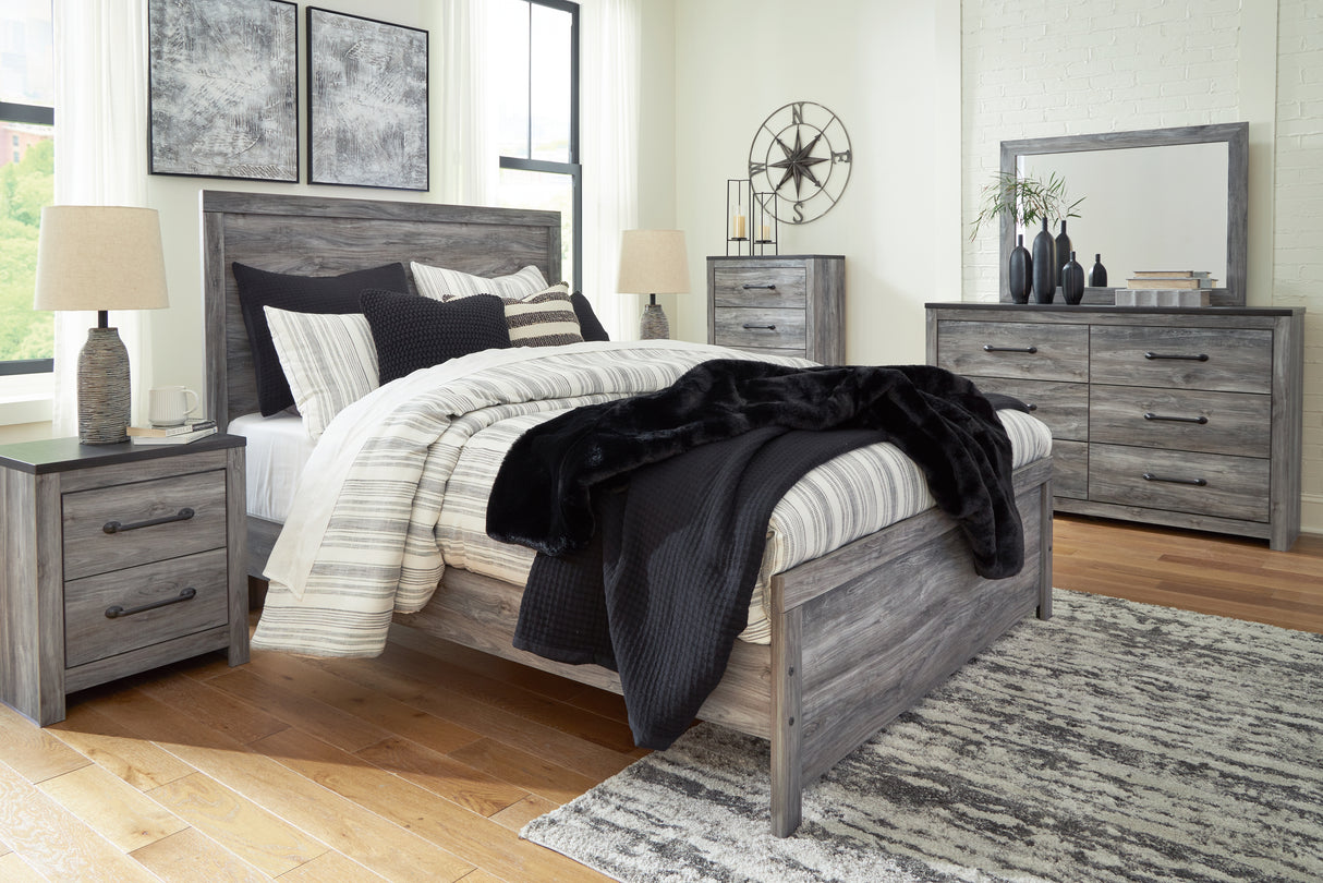 Bronyan Queen Panel Bed with Mirrored Dresser and 2 Nightstands in Dark Gray from Ashley - Luna Furniture