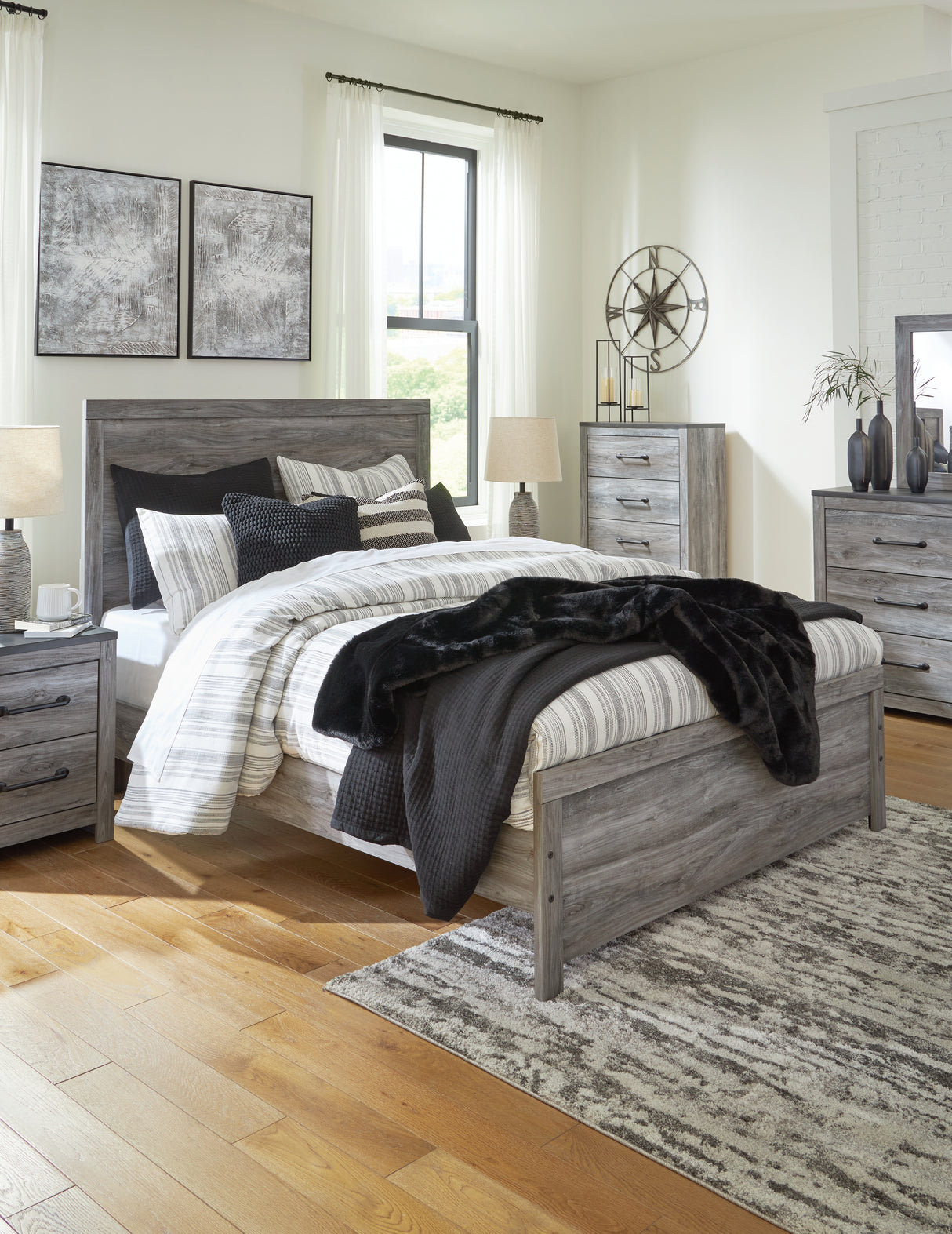 Bronyan Queen Panel Bed with Mirrored Dresser and 2 Nightstands in Dark Gray from Ashley - Luna Furniture