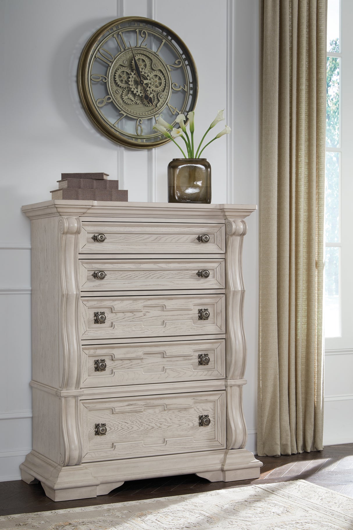 Bruchandi California King Upholstered Panel Bed with Dresser and Chest in Antique White from Ashley Furniture - Luna Furniture