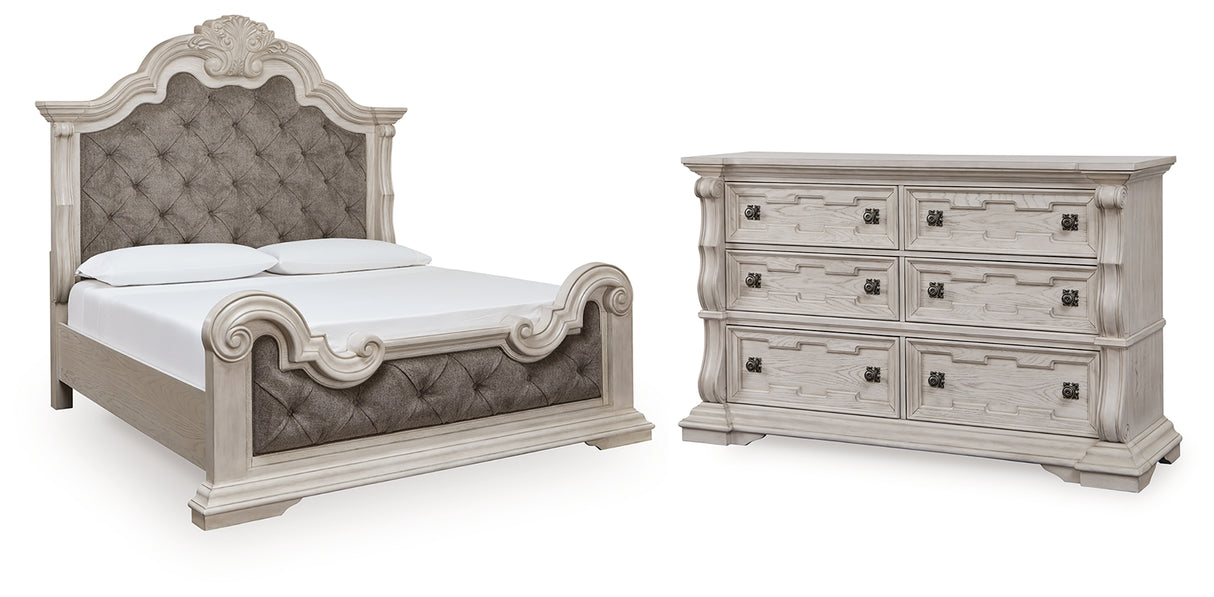Bruchandi California King Upholstered Panel Bed with Dresser in Antique White from Ashley - Luna Furniture