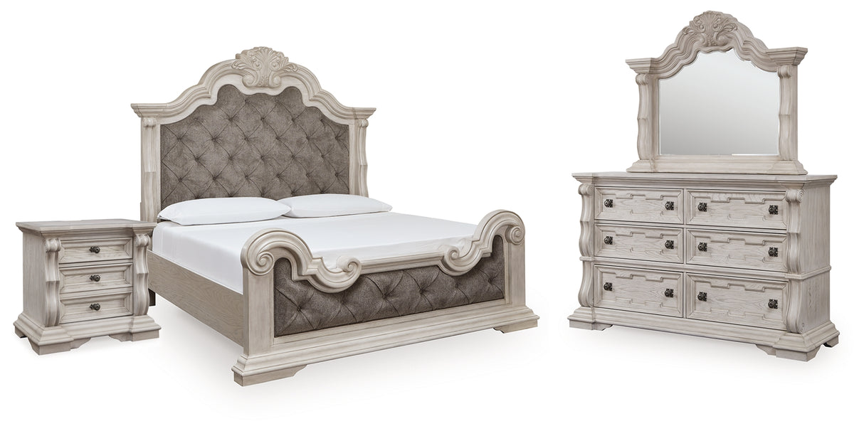 Bruchandi California King Upholstered Panel Bed with Mirrored Dresser and Nightstand in Antique White from Ashley Furniture - Luna Furniture