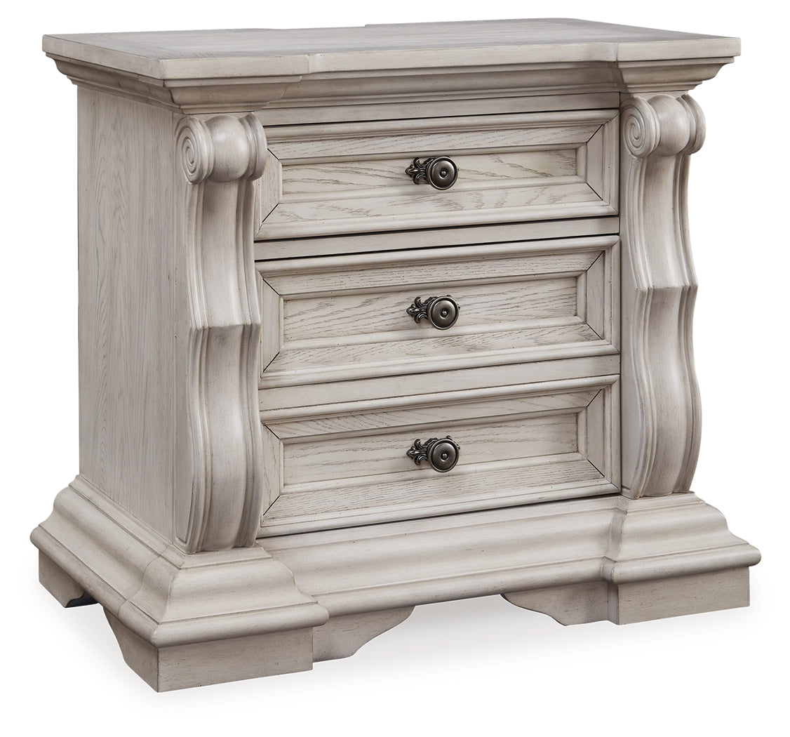 Bruchandi King Upholstered Panel Bed with Dresser and Nightstand in Antique White from Ashley Furniture - Luna Furniture