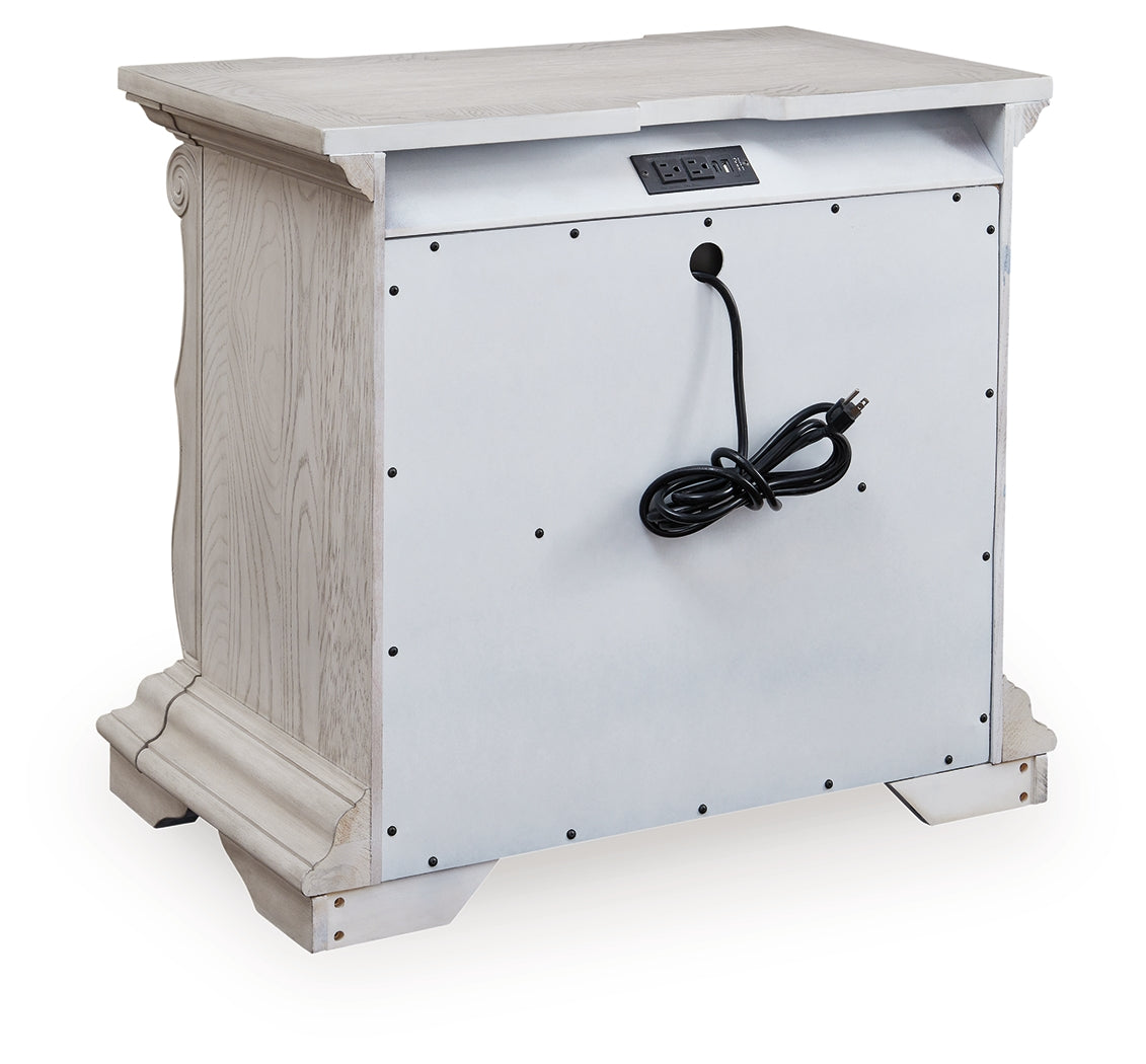 Bruchandi King Upholstered Panel Bed with Mirrored Dresser and Nightstand in Antique White from Ashley Furniture - Luna Furniture