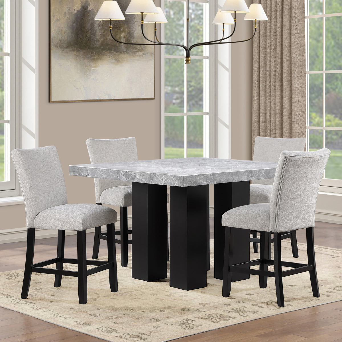 Artemis Gray/Black 5-Piece 54x54" Gray Marble Counter Set with Gray Chenille Chairs from Steve Silver - Luna Furniture
