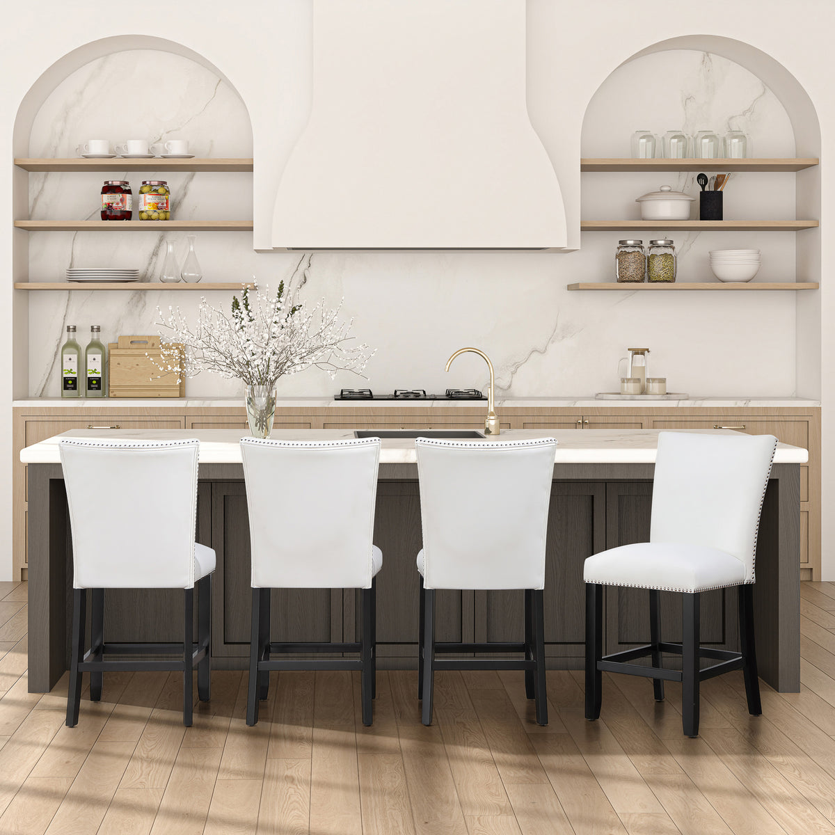 Artemis White Square Marble Top 9-Piece Counter Height Dining Set with White Vegan Leather Chairs