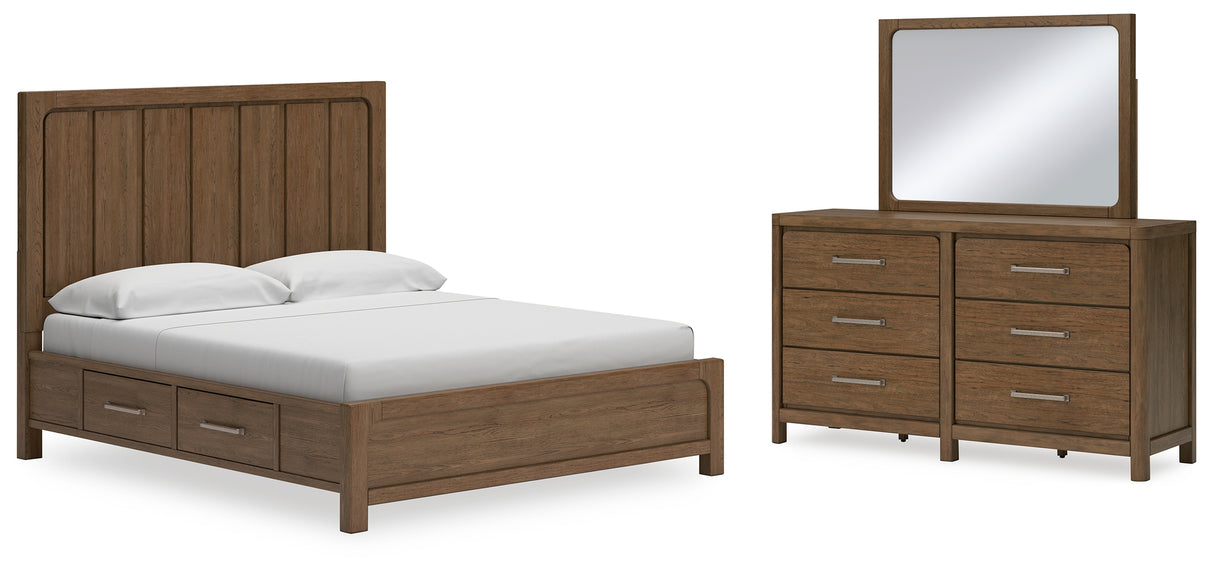 Cabalynn California King Panel Bed with Storage with Mirrored Dresser in Light Brown from Ashley - Luna Furniture