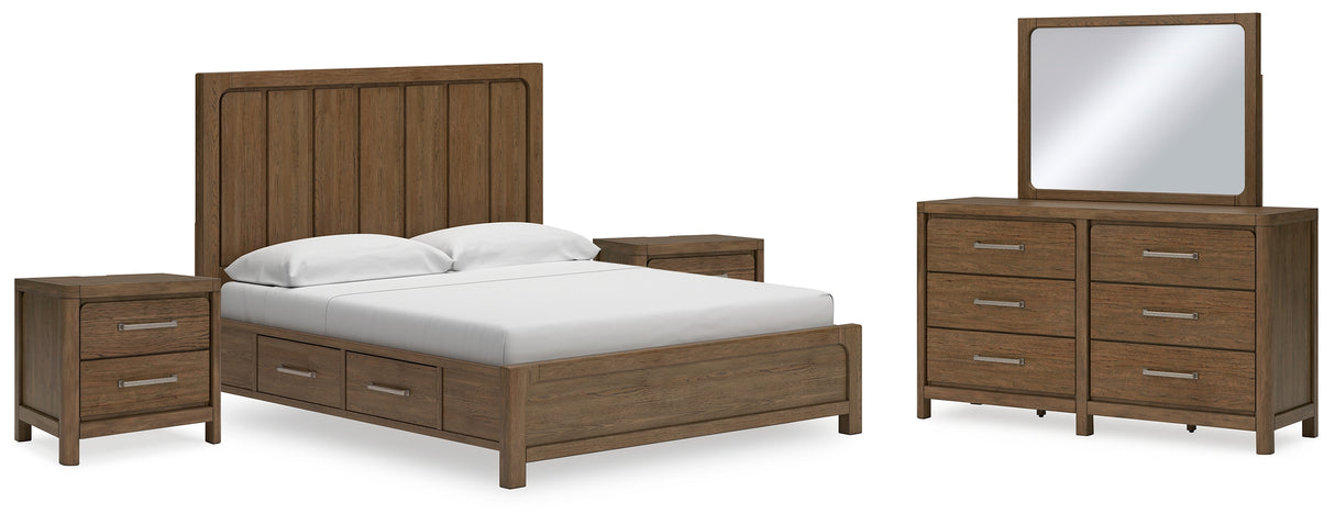 Cabalynn King Panel Bed with Storage with Mirrored Dresser and 2 Nightstands in Light Brown from Ashley - Luna Furniture