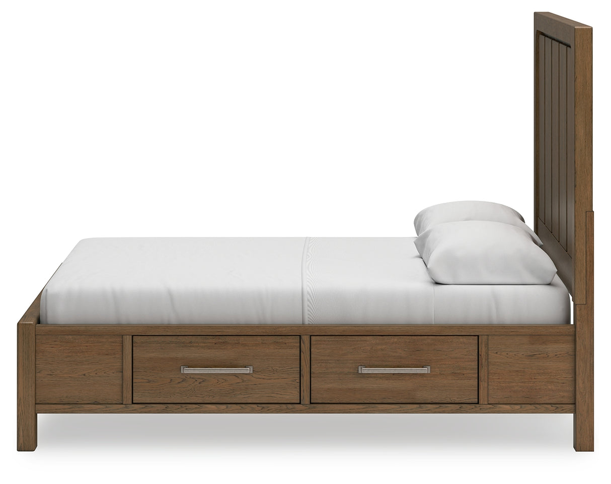 Cabalynn Queen Panel Bed with Storage with Mirrored Dresser and Nightstand in Light Brown from Ashley Furniture - Luna Furniture