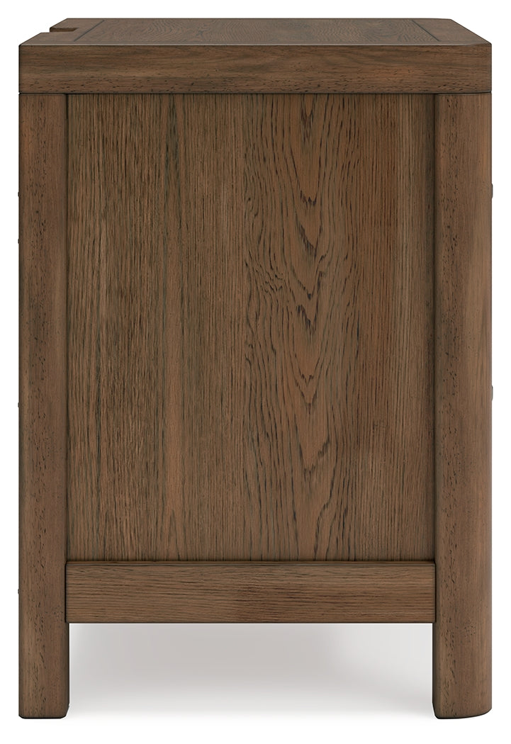 Cabalynn Queen Panel Bed with Storage with Mirrored Dresser and Nightstand in Light Brown from Ashley Furniture - Luna Furniture
