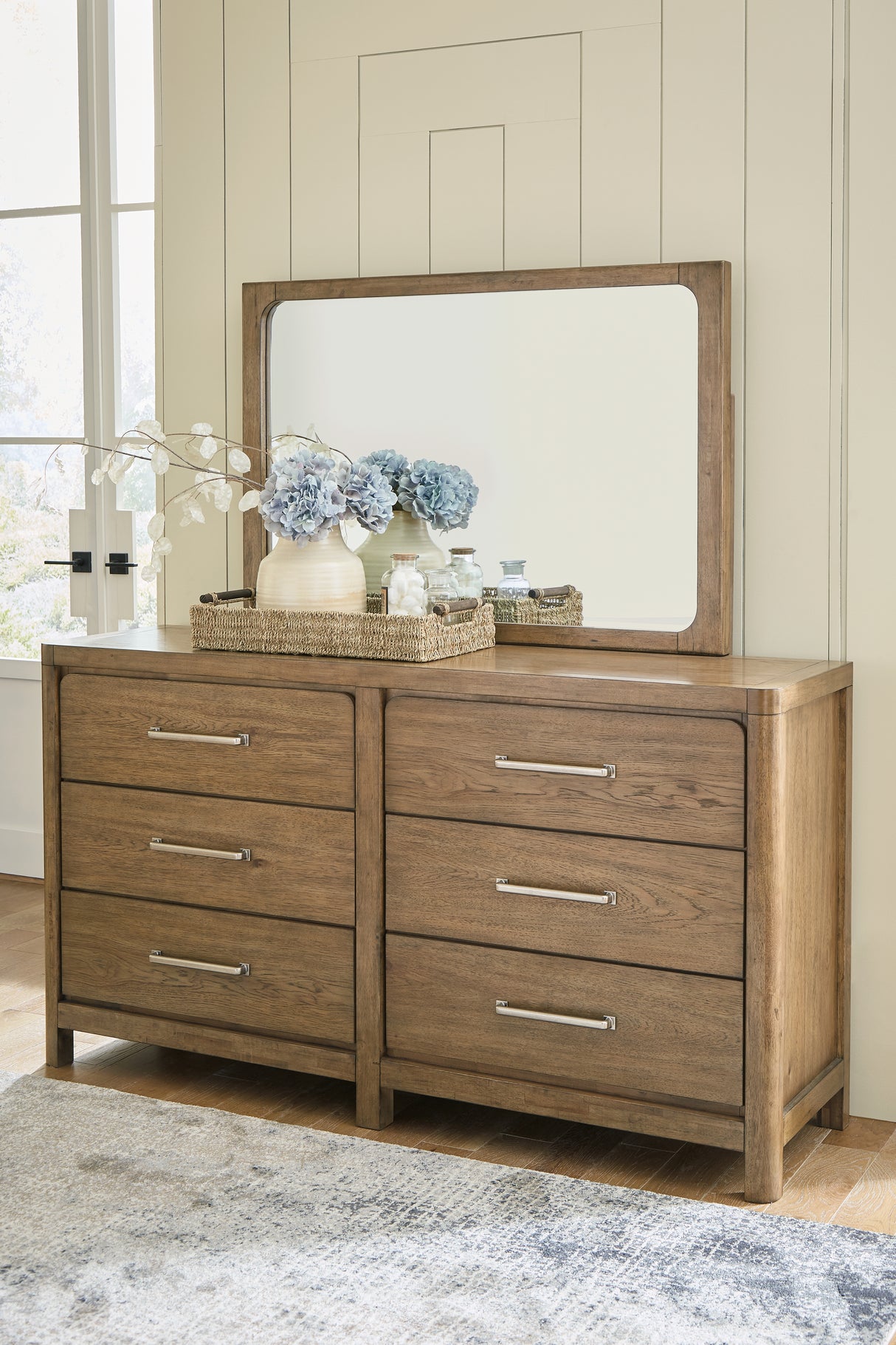 Cabalynn Queen Panel Bed with Storage with Mirrored Dresser and Nightstand in Light Brown from Ashley Furniture - Luna Furniture