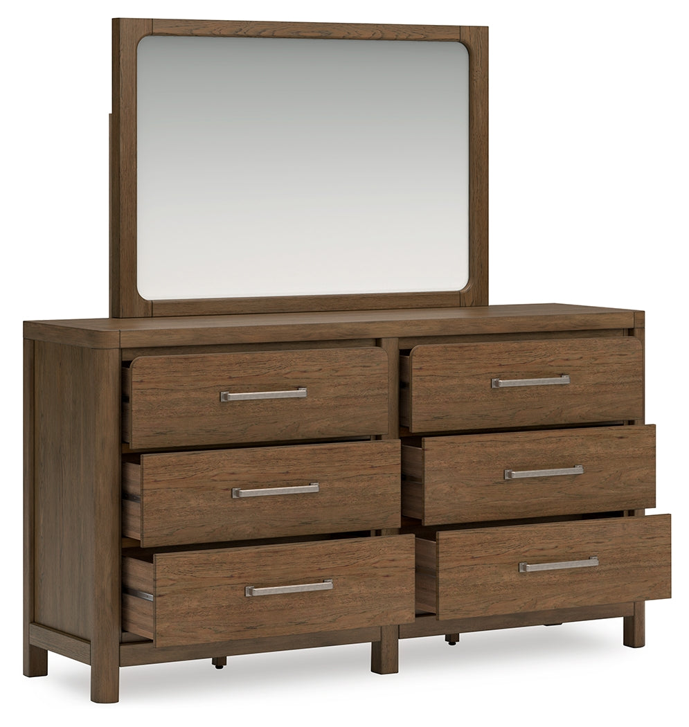 Cabalynn Queen Panel Bed with Storage with Mirrored Dresser and Nightstand in Light Brown from Ashley Furniture - Luna Furniture