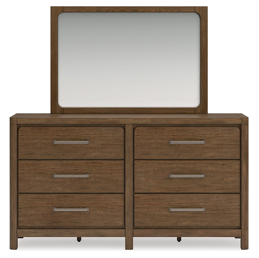 Cabalynn Queen Panel Bed with Storage with Mirrored Dresser and Nightstand in Light Brown from Ashley Furniture - Luna Furniture