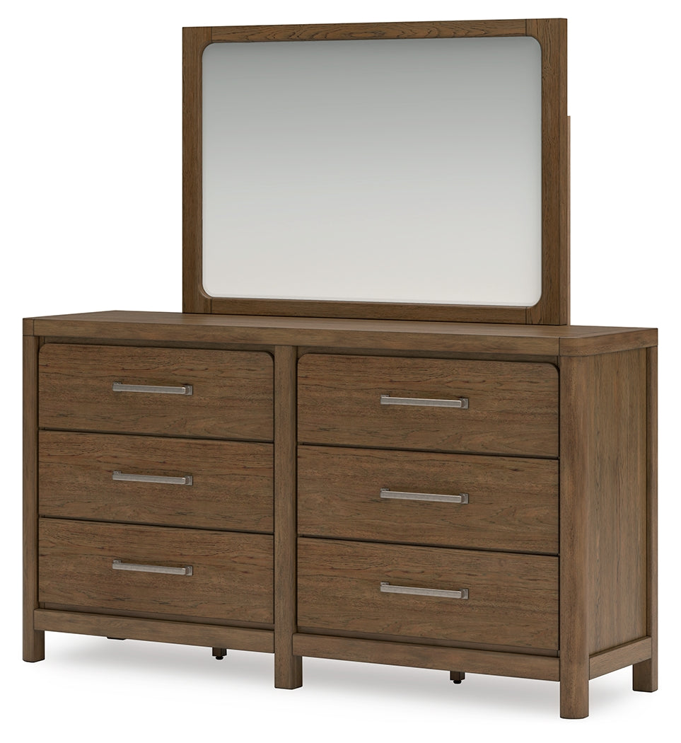 Cabalynn Queen Panel Bed with Storage with Mirrored Dresser and Nightstand in Light Brown from Ashley Furniture - Luna Furniture