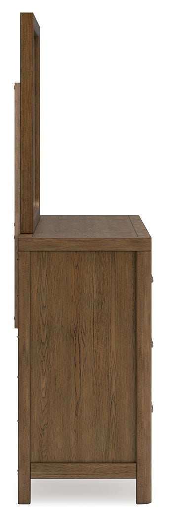 Cabalynn Queen Panel Bed with Storage with Mirrored Dresser and Nightstand in Light Brown from Ashley Furniture - Luna Furniture
